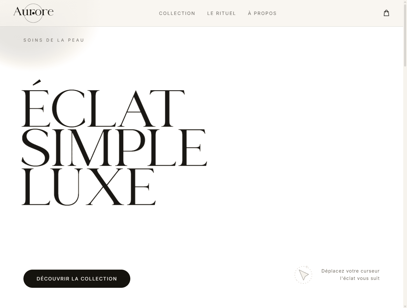 Site e-commerce luxe Aurore, soins de la peau, vue accueil interactive